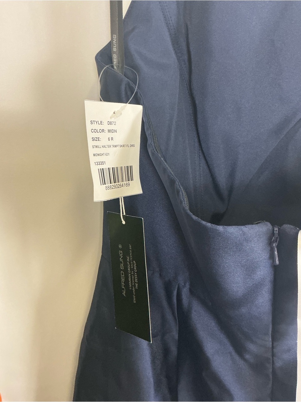 ALFRED SUNG Navy Halter Open-Back Satin Trumpet Gown - Picture 4 of 6